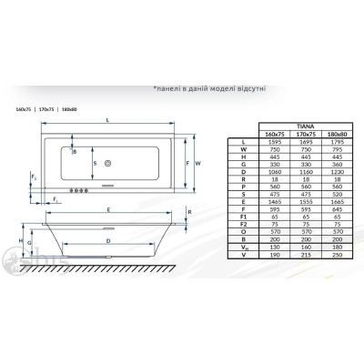 Ванна акрилова Radaway Tiana 170x75 у комплекті з ніжками WA1-52-170x075