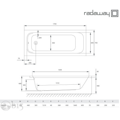 Ванна акриловая Radaway Mia 180х75 в комплекте с ножками и сифоном WA1-50-180x075S