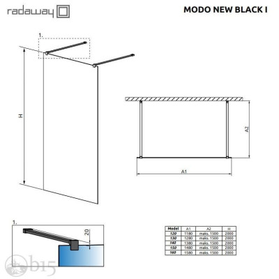Душевая перегородка RADAWAY Modo New Black I 140 см. профиль черный 388144-54-01