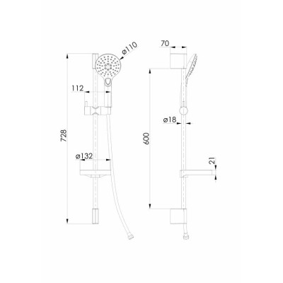 CASCADA B45 гарнитур душевой, лейка 110мм, 3 режима, штанга 72 см, шланг PVC 150см, мыльница, de la noche