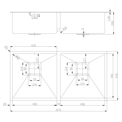 Нерж. мийка Quadro 87х2 R10 Double (87x44) 1,20 мм
