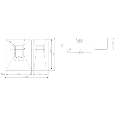 Нерж. мийка Quadro 58 R10 L(58x44) 1,20 мм Нерж. мийка Quadro 58 R10 L(58x44) 1,20 мм