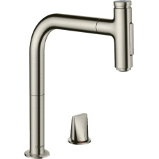 Змішувач Metris Select 200 кухонний з витяжним виливом 2Jet на 2 отвори Sbox Steel Finish (73818800)