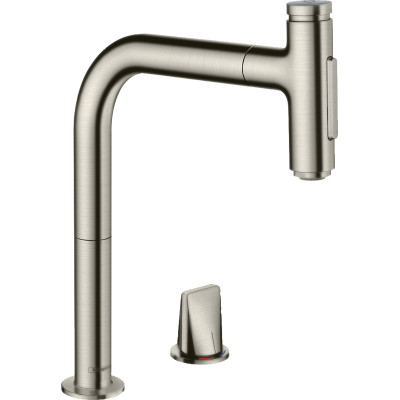 Змішувач Metris Select 200 кухонний з витяжним виливом 2Jet на 2 отвори Sbox Steel Finish (73818800)