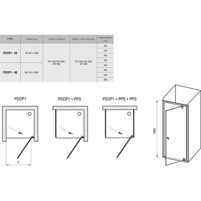 Душові двері одноелементні PDOP1-90 Transparent, (03G70300Z1) RAVAK Душові двері одноелементні PDOP1-90 Transparent, (03G70300Z1) RAVAK