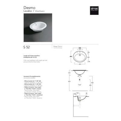 Умивальник S 52 Desmo (S52) Glossy white SIMAS Умивальник S 52 Desmo (S52) Glossy white SIMAS