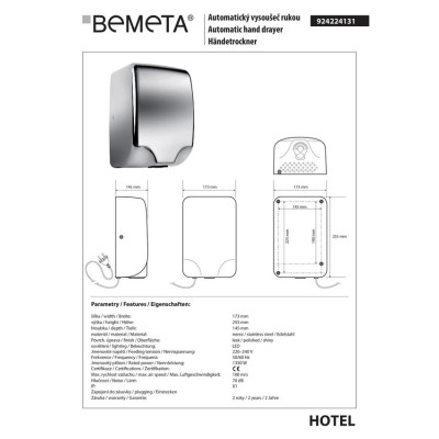 924224131 Hotel Автоматическая сушка для рук 1350W Bemeta Чехия 924224131 Hotel Автоматическая сушка для рук 1350W Bemeta Чехия