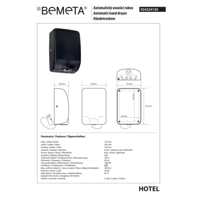924224150 Hotel Автоматична сушарка для рук 1000W чорний Bemeta Чехія 924224150 Hotel Автоматична сушарка для рук 1000W чорний Bemeta Чехія