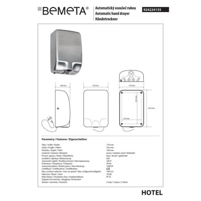 924224155 Hotel Сушка для рук хром мат Bemeta Чехия 924224155 Hotel Сушка для рук хром мат Bemeta Чехия