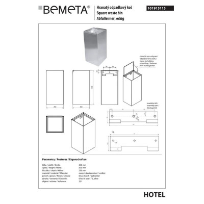 Відро для сміття 101915115 Hotel 25л квадратне, нерж. мат Bemeta Чехія