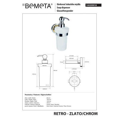 Настінний дозатор 144209018 Retro : для рідкого мила (скло) золото-хром Bemeta Чехія Настінний дозатор 144209018 Retro : для рідкого мила (скло) золото-хром Bemeta Чехія