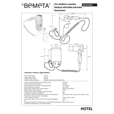 945233054 HOTEL Фен з тримачем на стіну 1400W , Bemeta Чехія