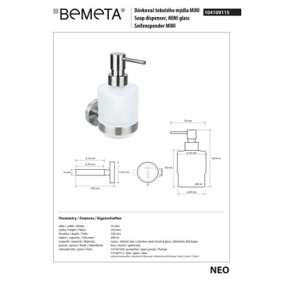 104109115 NEO: Дозатор жидкого мыла MINI подвесной,стекло,нерж Bemeta Чехия 104109115 NEO: Дозатор жидкого мыла MINI подвесной,стекло,нерж Bemeta Чехия