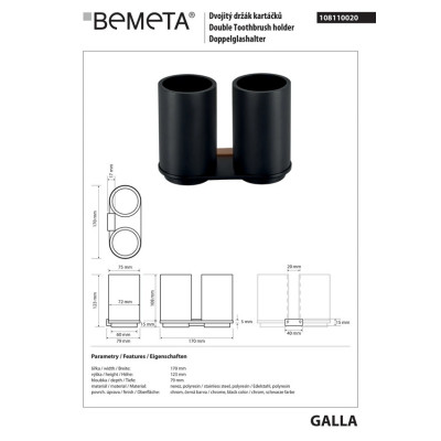 108110020 Galla: Двойной держатель зубных щеток, стаканы Bemeta Чехия 108110020 Galla: Двойной держатель зубных щеток, стаканы Bemeta Чехия