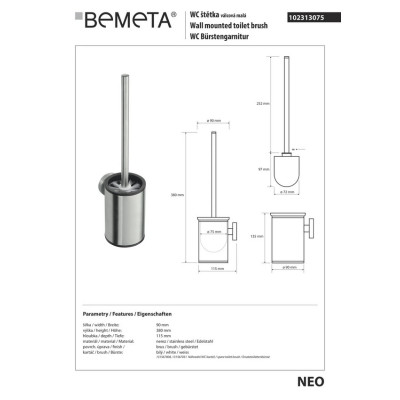 102313075 NEO: Щетка WC(белая) с держателем,хром Bemeta Чехия 102313075 NEO: Щетка WC(белая) с держателем,хром Bemeta Чехия
