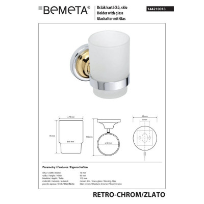 144210018 Retro Держатель для стакана(золото/хром)+стакан(стекло), Bemeta 144210018 Retro Держатель для стакана(золото/хром)+стакан(стекло), Bemeta