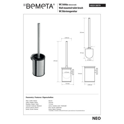 102313079 NEO: туалетна щітка чорна з тримачем,нерж.мат Bemeta Чехія