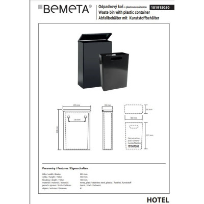 Відро для сміття підвісне 6 л Hotel 101915050 Bemeta