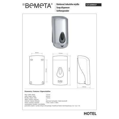 Диспенсер жидкого мыла 121209037 Hotel 1000ml, глянец, пластик Bemeta Чехия