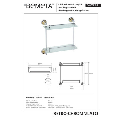 144202128 Retro Поличка подвійна (скло,золото/хром), Bemeta 144202128 Retro Поличка подвійна (скло,золото/хром), Bemeta