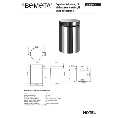 125115051 HOTEL Настінне відро для сміття 3L,нерж.сталь,глянець Bemeta