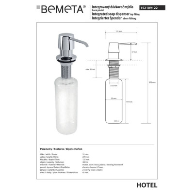 152109122 HOTEL Вбудований дозатор рідкого мила Bemeta Чехія