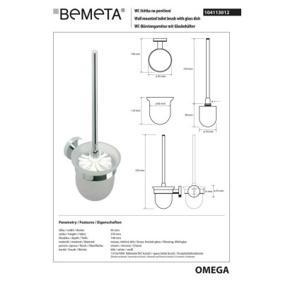 104113012 Omega Туалетна щітка біла з підвісним тримачем(скло), Bemeta 104113012 Omega Туалетна щітка біла з підвісним тримачем(скло), Bemeta