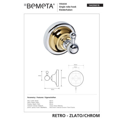 144206018 Retro Крючок(золото/хром), Bemeta 144206018 Retro Крючок(золото/хром), Bemeta