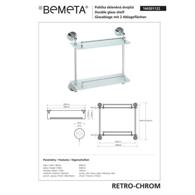 144301122 RETRO 1:поличка подвійна ,скло,хром Bemeta Чехія 144301122 RETRO 1:поличка подвійна ,скло,хром Bemeta Чехія