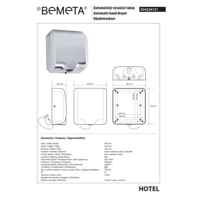 924224121 924224121 Hotel: Автоматическая сушка для рук - 1800W, нержавеющая блеск Bemeta Чехия 924224121 924224121 Hotel: Автоматическая сушка для рук - 1800W, нержавеющая блеск Bemeta Чехия