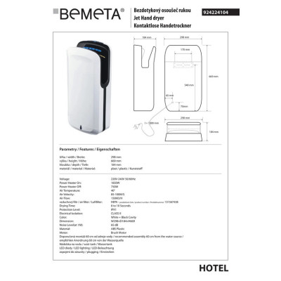 Автоматична сушка для рук на підлогу 924224104 Hotel : з HEPA-фільтром; пластик, білий Bemeta Чехія