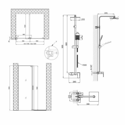 Готове рішення Qtap 13: Стіна Walk-In GLIDE, 120x190 + Душ. система Готове рішення Qtap 13: Стіна Walk-In GLIDE, 120x190 + Душ. система