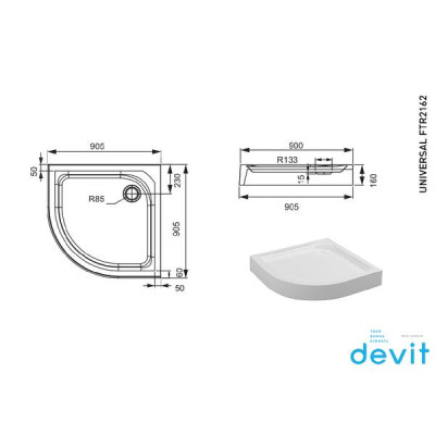 Душовий піддон Devit Universal FTR2162 90x90х16 см чверть кола