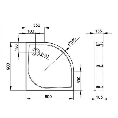 Душовий піддон Devit Universal FTR4009 90х90х13,5 чверть кола з ніжками, панелю, сифоном Душовий піддон Devit Universal FTR4009 90х90х13,5 чверть кола з ніжками, панелю, сифоном