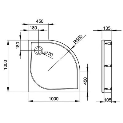 Душовий піддон Devit Universal FTR4010 100х100х13,5 см чверть кола з ніжками, панелю, сифоном Душовий піддон Devit Universal FTR4010 100х100х13,5 см чверть кола з ніжками, панелю, сифоном