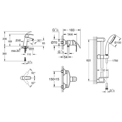 Набір змішувачів для душу та раковини Grohe M Eurosmart 123244 Набір змішувачів для душу та раковини Grohe M Eurosmart 123244