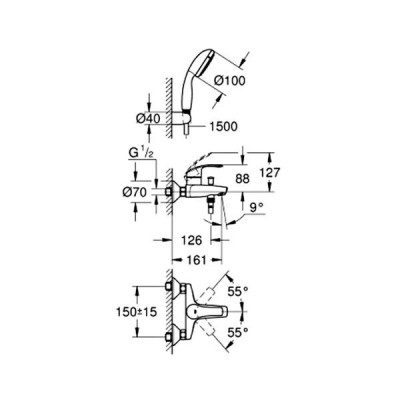 Змішувач для ванни Grohe Eurosmart 3330220A з ручним душем, хром Змішувач для ванни Grohe Eurosmart 3330220A з ручним душем, хром