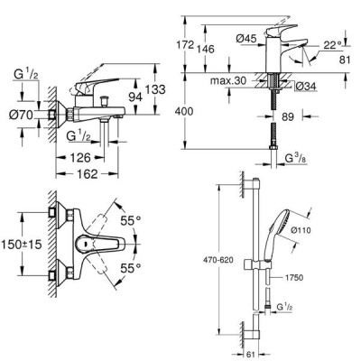 Набір змішувачів для ванни та раковини Grohe Bau Flow UA121624S1 3 в 1