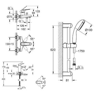 Набір змішувачів для ванної Grohe Bau Flow 121624 S (3 в 1) Набір змішувачів для ванної Grohe Bau Flow 121624 S (3 в 1)