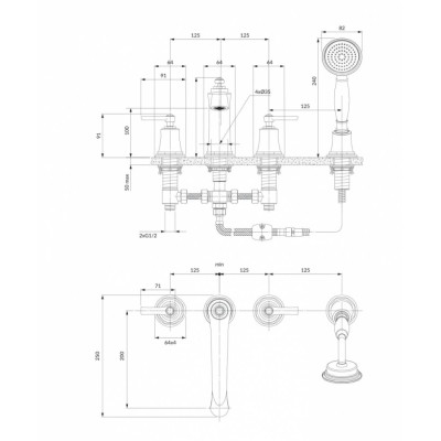 Смеситель для ванны на 4 отверстия Omnires Armance antique copper (AM5232ORB)