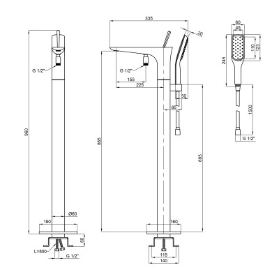 Змішувач для ванни Qtap Podlaha підлоговий (з душовим гарнітуром) QT19103VDC Chrome Змішувач для ванни Qtap Podlaha підлоговий (з душовим гарнітуром) QT19103VDC Chrome