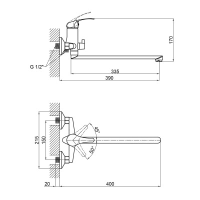 Змішувач 36W 005 для ванни довгий (k35) Brinex Змішувач 36W 005 для ванни довгий (k35) Brinex