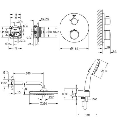 Душова система прихованого монтажу Grohe Grohtherm UA26415SC9 з термостатом, чорний матовий Душова система прихованого монтажу Grohe Grohtherm UA26415SC9 з термостатом, чорний матовий