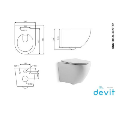 Унітаз підвісний Devit Universal 3020162 безобідковий з сидінням soft-close, quick-fix