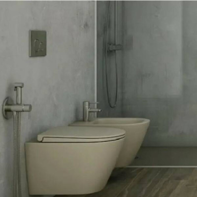Унітаз підвісний RAK Ceramics FEELING RSTSC3901514 + RST23514 безобідковий із сидінням Soft Close, матовий капучіно