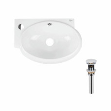 Комплект Qtap Leo: Раковина подвесная овальная левая 430x290x140 мм White + Донный клапан PU02O