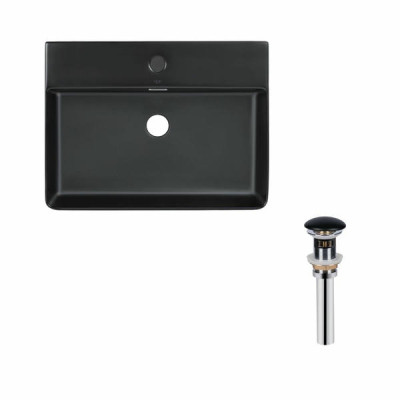 Комплект Qtap Nando LT: Раковина подвесная прямоугольная 600х420х120 мм Matt Black + Донный клапан PU03O