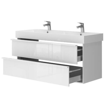 Тумба з раковиною на дві чаші з сифонами Devit QUADRA 083120W, 120 см, біла глянцева Тумба з раковиною на дві чаші з сифонами Devit QUADRA 083120W, 120 см, біла глянцева